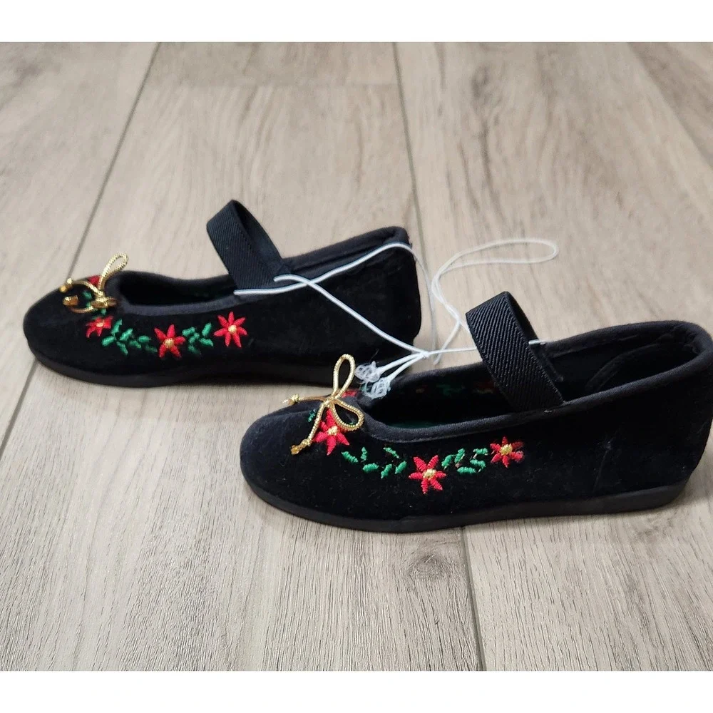 Tinsel Toes Girls Black Velvet Floral Embroidered Mary‎ Jane Flats Size 9 NEW